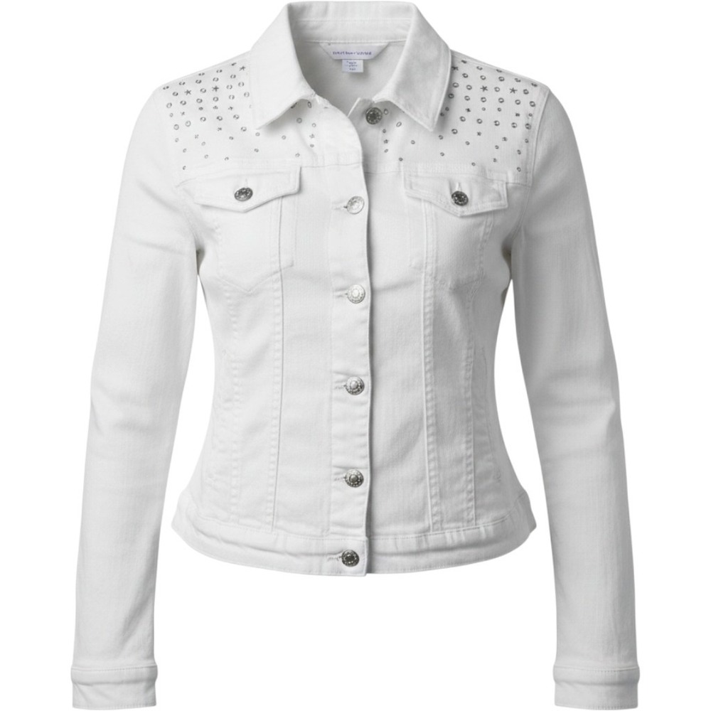 Allison Dale Womens White Studded Star Denim Trucker Jacket Size 8 Silver Studs